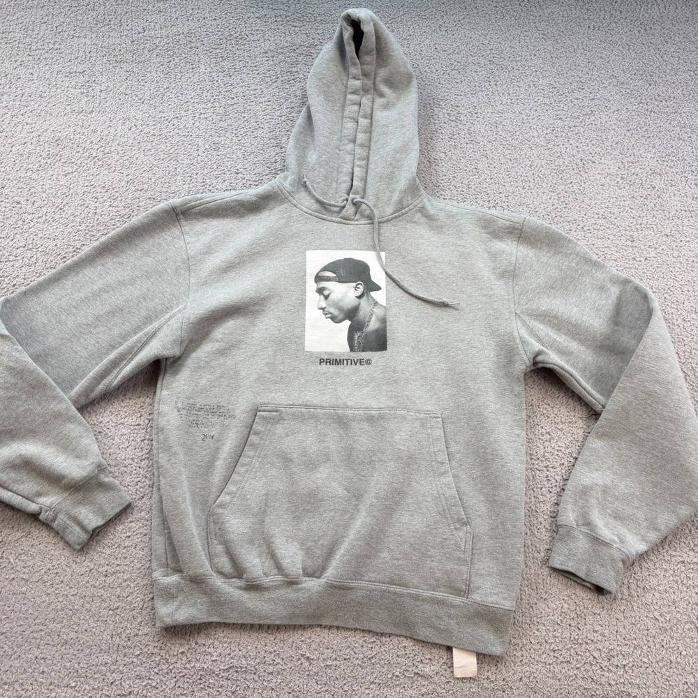 2Pac Tupac Shakur Grey Graphic Hoodie Mens Size Medium Primitive Rap Hip Hop